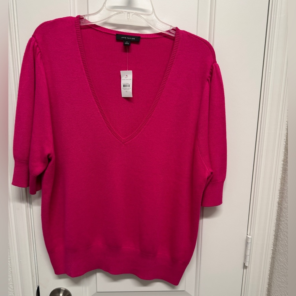 Ann Taylor Pink V-Neck Sweater with 3/4 Sleeves